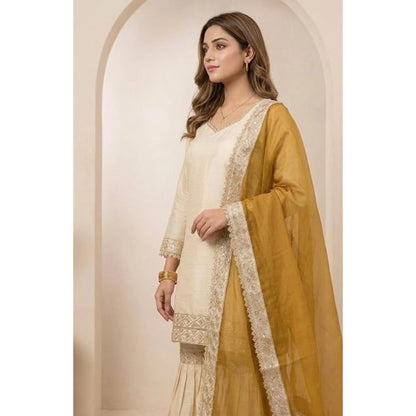 Women's Silk Embroidered 3/4th Sleeve V-Neck Kurti With Sharara Pant and Dupatta Set (Cream & Yellow) - POPNOVA