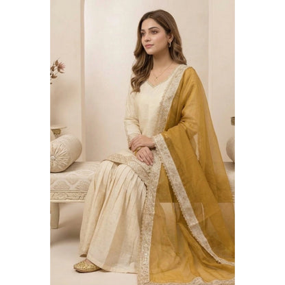 Women's Silk Embroidered 3/4th Sleeve V-Neck Kurti With Sharara Pant and Dupatta Set (Cream & Yellow) - POPNOVA