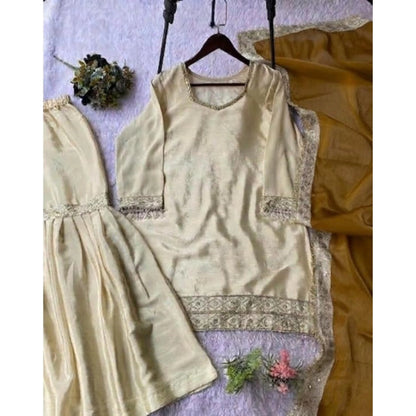Women's Silk Embroidered 3/4th Sleeve V-Neck Kurti With Sharara Pant and Dupatta Set (Cream & Yellow) - POPNOVA