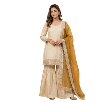 Women's Silk Embroidered 3/4th Sleeve V-Neck Kurti With Sharara Pant and Dupatta Set (Cream & Yellow) - POPNOVA