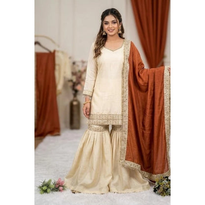 Women's Silk Embroidered 3/4th Sleeve V-Neck Kurti With Sharara Pant and Dupatta Set (Cream & Orange) - POPNOVA