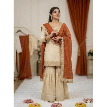 Women's Silk Embroidered 3/4th Sleeve V-Neck Kurti With Sharara Pant and Dupatta Set (Cream & Orange) - POPNOVA