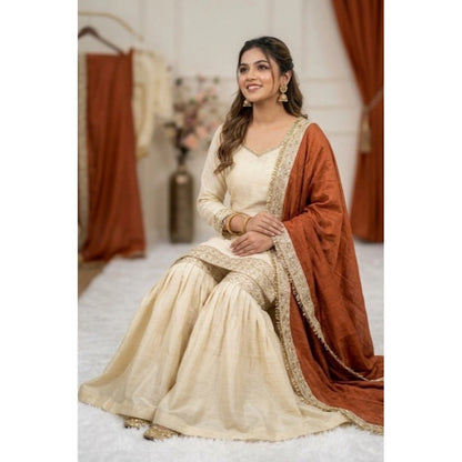 Women's Silk Embroidered 3/4th Sleeve V-Neck Kurti With Sharara Pant and Dupatta Set (Cream & Orange) - POPNOVA