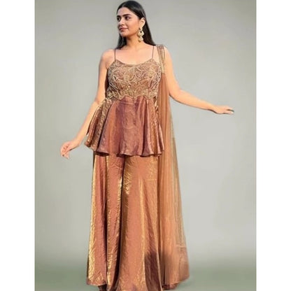 Women's Silk Embroidered Sleeveless Round Kurti With Palazzo Pant and Dupatta Set (Brown) - POPNOVA