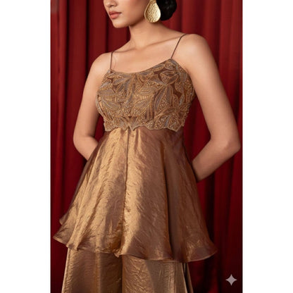Women's Silk Embroidered Sleeveless Round Kurti With Palazzo Pant and Dupatta Set (Brown) - POPNOVA