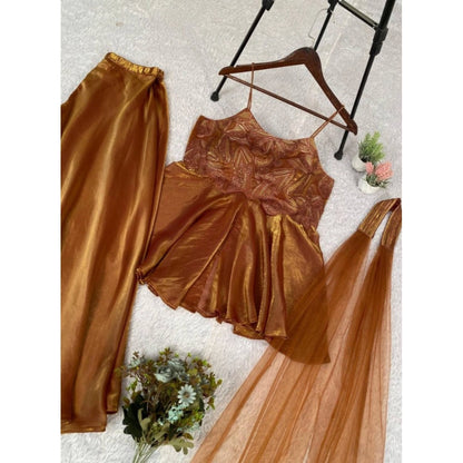 Women's Silk Embroidered Sleeveless Round Kurti With Palazzo Pant and Dupatta Set (Brown) - POPNOVA