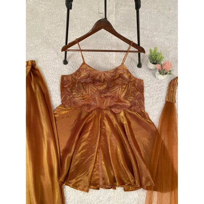 Women's Silk Embroidered Sleeveless Round Kurti With Palazzo Pant and Dupatta Set (Brown) - POPNOVA