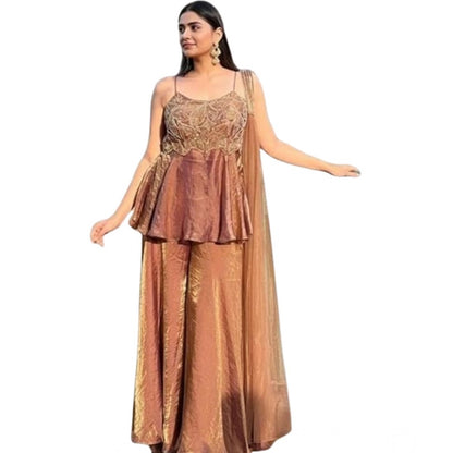 Women's Silk Embroidered Sleeveless Round Kurti With Palazzo Pant and Dupatta Set (Brown) - POPNOVA