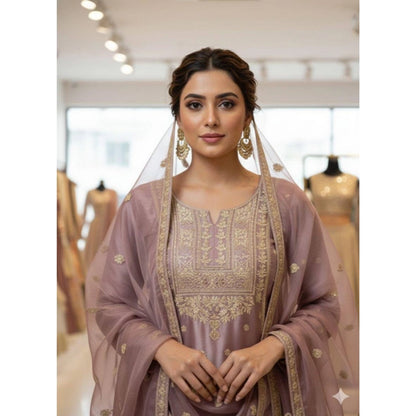 Women's Silk Embroidered 3/4th Sleeve Round Kurti With Sharara Pant and Dupatta Set (Purple) - POPNOVA