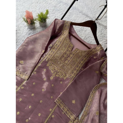 Women's Silk Embroidered 3/4th Sleeve Round Kurti With Sharara Pant and Dupatta Set (Purple) - POPNOVA