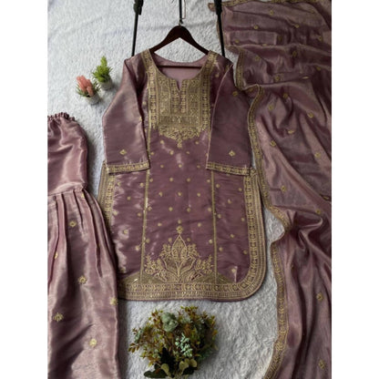 Women's Silk Embroidered 3/4th Sleeve Round Kurti With Sharara Pant and Dupatta Set (Purple) - POPNOVA