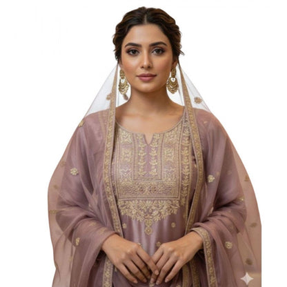 Women's Silk Embroidered 3/4th Sleeve Round Kurti With Sharara Pant and Dupatta Set (Purple) - POPNOVA
