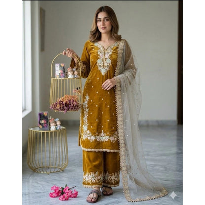 Women's Silk Embroidered 3/4th Sleeve Round Kurti With Palazzo Pant and Dupatta Set (Gold) - POPNOVA