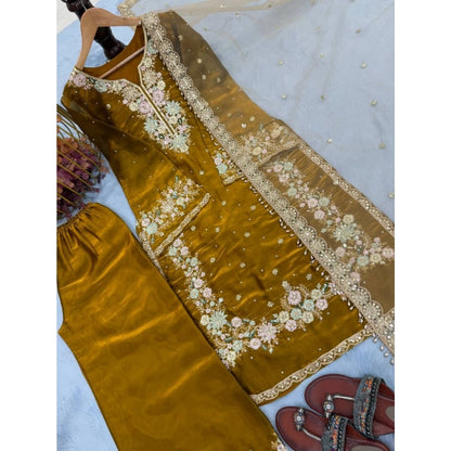 Women's Silk Embroidered 3/4th Sleeve Round Kurti With Palazzo Pant and Dupatta Set (Gold) - POPNOVA