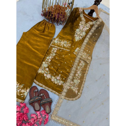 Women's Silk Embroidered 3/4th Sleeve Round Kurti With Palazzo Pant and Dupatta Set (Gold) - POPNOVA