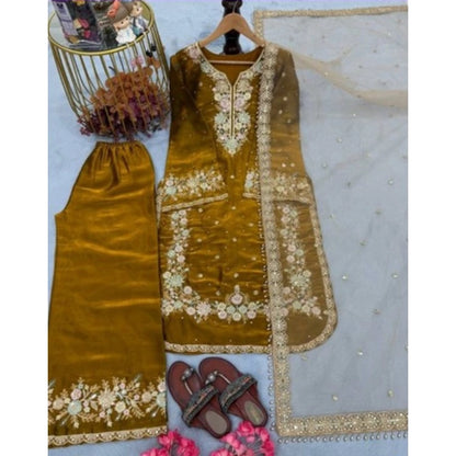 Women's Silk Embroidered 3/4th Sleeve Round Kurti With Palazzo Pant and Dupatta Set (Gold) - POPNOVA