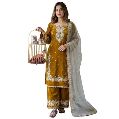 Women's Silk Embroidered 3/4th Sleeve Round Kurti With Palazzo Pant and Dupatta Set (Gold) - POPNOVA