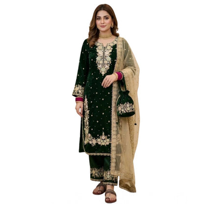 Women's Silk Embroidered 3/4th Sleeve Round Kurti With Palazzo Pant and Dupatta Set (Dark Green) - POPNOVA