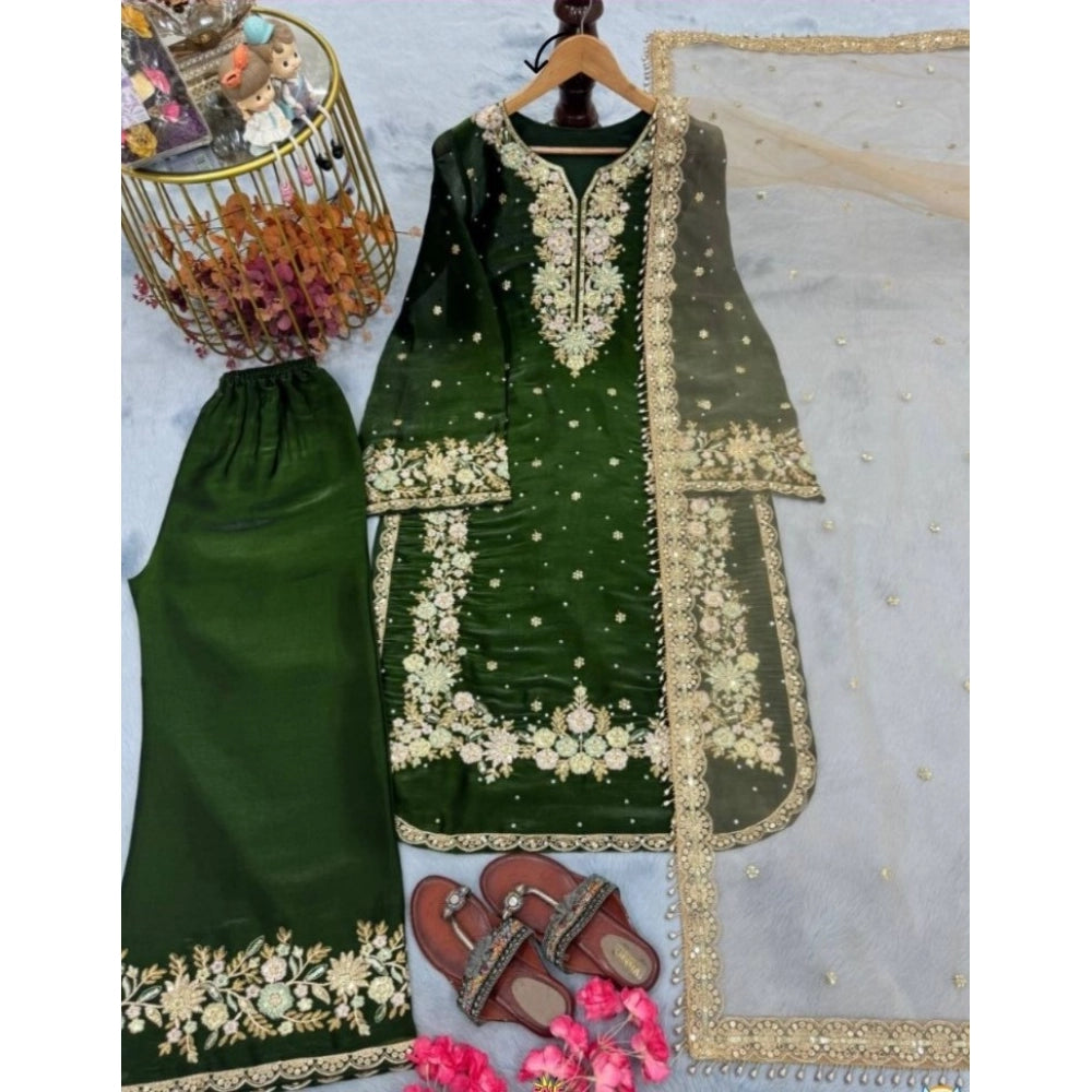 Women's Silk Embroidered 3/4th Sleeve Round Kurti With Palazzo Pant and Dupatta Set (Dark Green) - POPNOVA