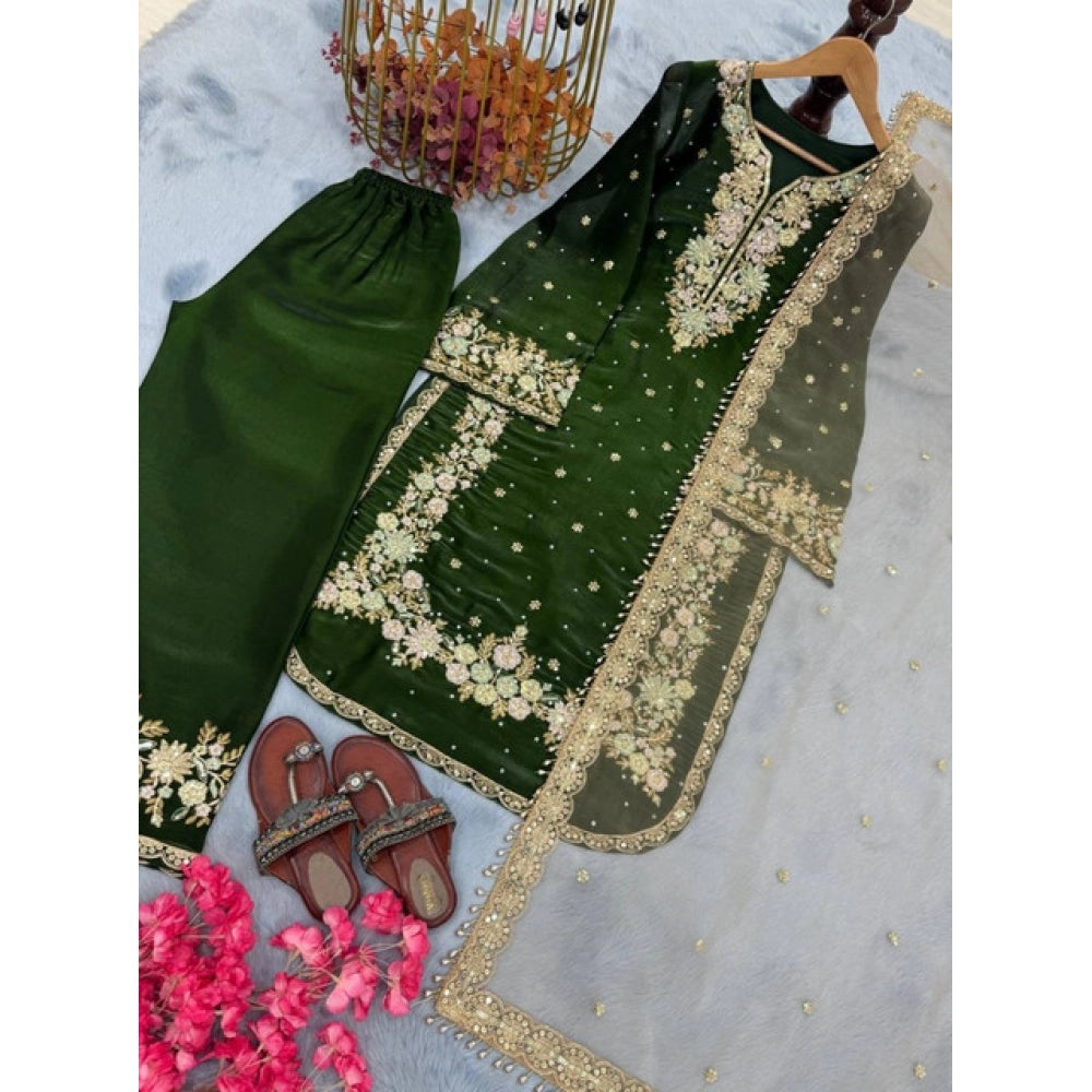 Women's Silk Embroidered 3/4th Sleeve Round Kurti With Palazzo Pant and Dupatta Set (Dark Green) - POPNOVA