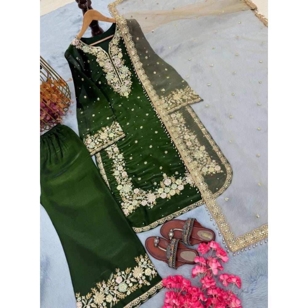 Women's Silk Embroidered 3/4th Sleeve Round Kurti With Palazzo Pant and Dupatta Set (Dark Green) - POPNOVA