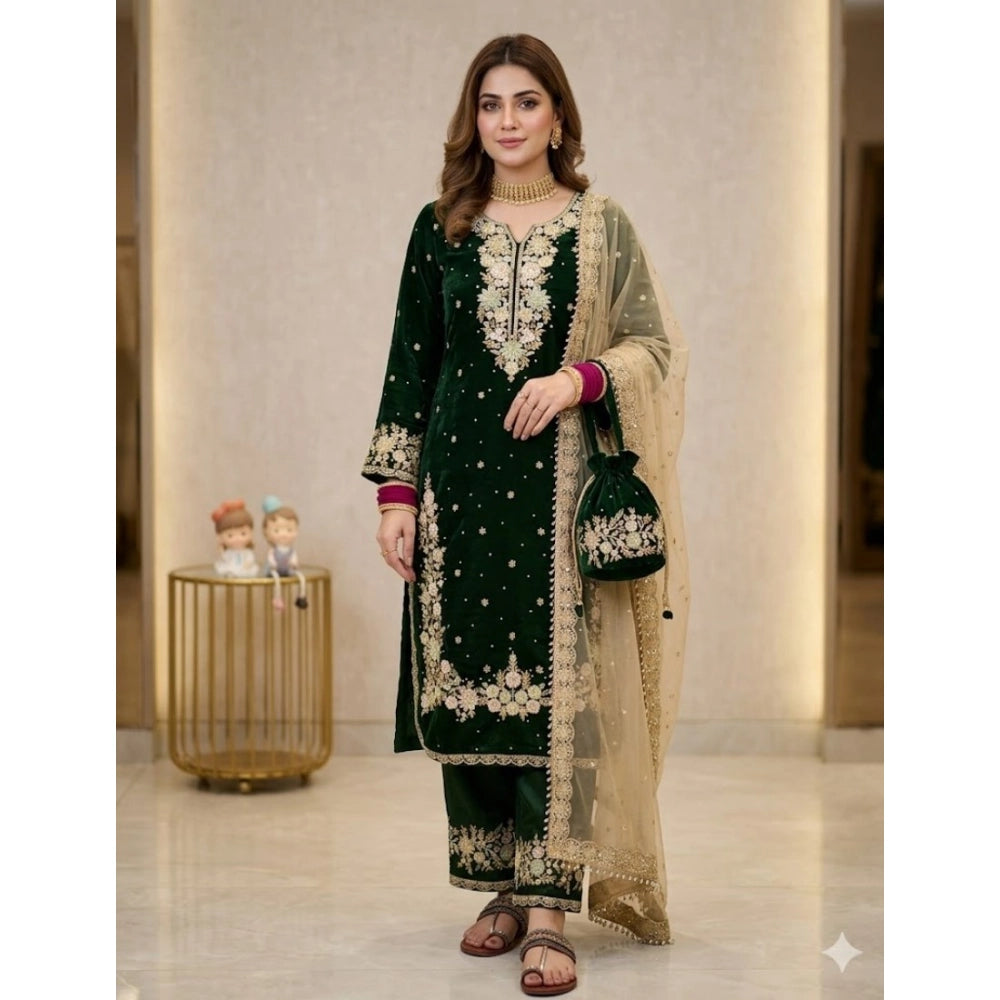 Women's Silk Embroidered 3/4th Sleeve Round Kurti With Palazzo Pant and Dupatta Set (Dark Green) - POPNOVA