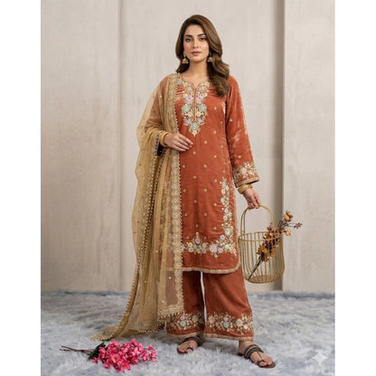Women's Silk Embroidered 3/4th Sleeve Round Kurti With Palazzo Pant and Dupatta Set (Orange) - POPNOVA