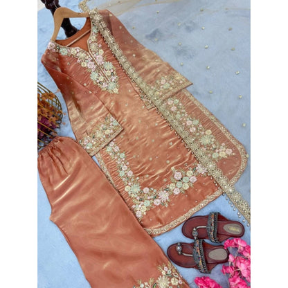 Women's Silk Embroidered 3/4th Sleeve Round Kurti With Palazzo Pant and Dupatta Set (Orange) - POPNOVA