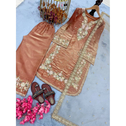 Women's Silk Embroidered 3/4th Sleeve Round Kurti With Palazzo Pant and Dupatta Set (Orange) - POPNOVA
