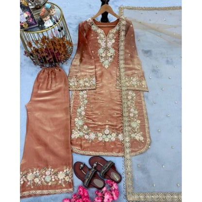 Women's Silk Embroidered 3/4th Sleeve Round Kurti With Palazzo Pant and Dupatta Set (Orange) - POPNOVA