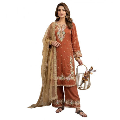 Women's Silk Embroidered 3/4th Sleeve Round Kurti With Palazzo Pant and Dupatta Set (Orange) - POPNOVA