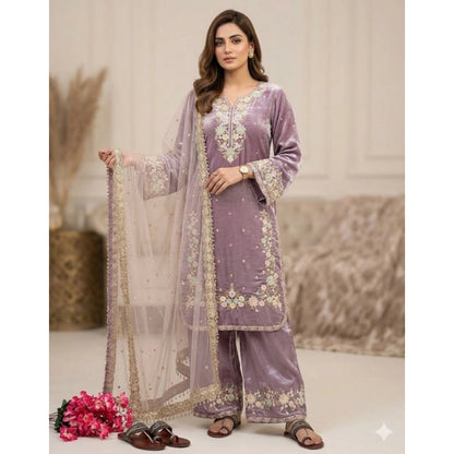 Women's Silk Embroidered 3/4th Sleeve Round Kurti With Palazzo Pant and Dupatta Set (Lavender) - POPNOVA