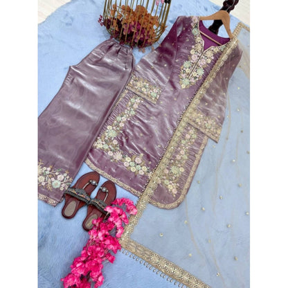 Women's Silk Embroidered 3/4th Sleeve Round Kurti With Palazzo Pant and Dupatta Set (Lavender) - POPNOVA