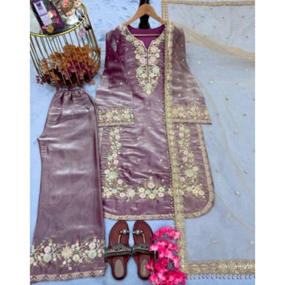 Women's Silk Embroidered 3/4th Sleeve Round Kurti With Palazzo Pant and Dupatta Set (Lavender) - POPNOVA