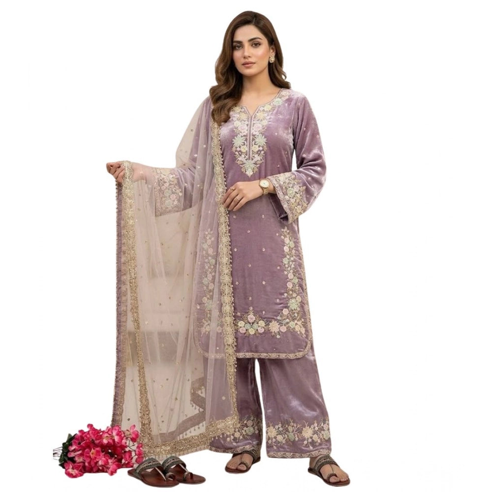 Women's Silk Embroidered 3/4th Sleeve Round Kurti With Palazzo Pant and Dupatta Set (Lavender) - POPNOVA