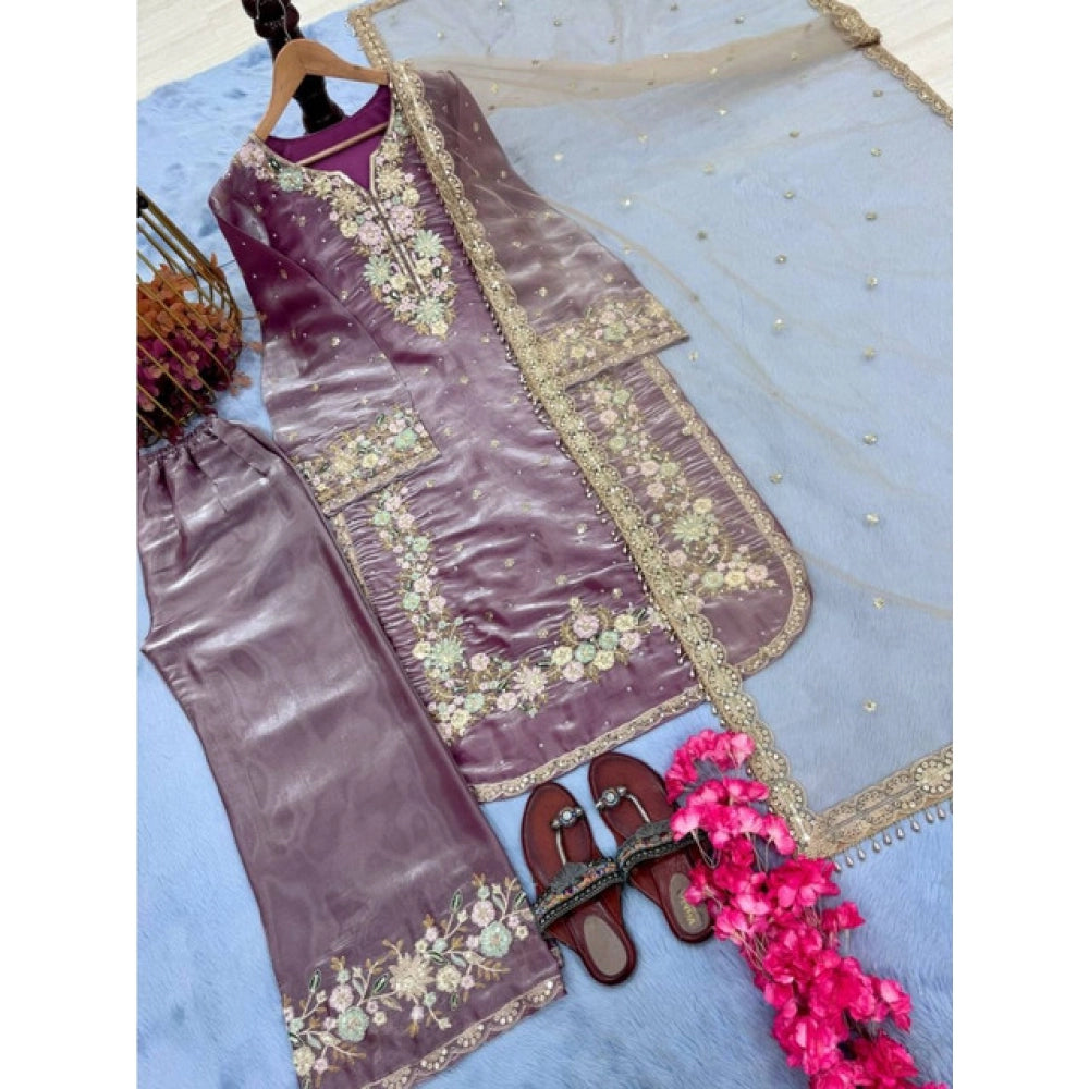 Women's Silk Embroidered 3/4th Sleeve Round Kurti With Palazzo Pant and Dupatta Set (Lavender) - POPNOVA