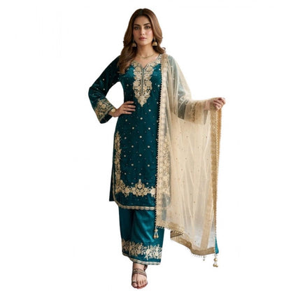 Women's Silk Embroidered 3/4th Sleeve Round Kurti With Palazzo Pant and Dupatta Set (Teal) - POPNOVA