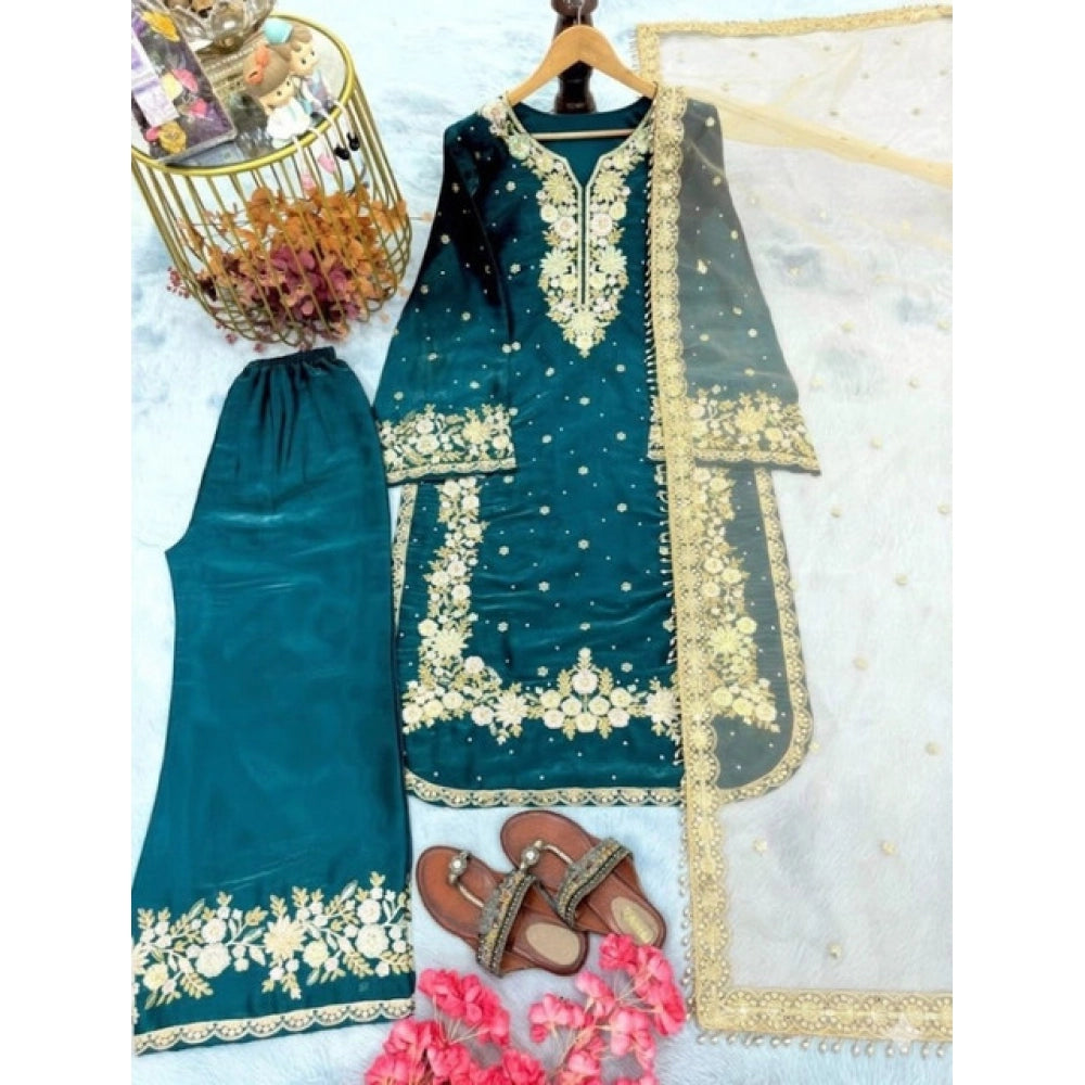 Women's Silk Embroidered 3/4th Sleeve Round Kurti With Palazzo Pant and Dupatta Set (Teal) - POPNOVA