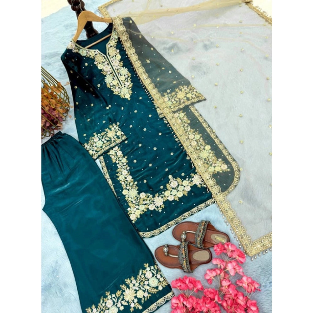 Women's Silk Embroidered 3/4th Sleeve Round Kurti With Palazzo Pant and Dupatta Set (Teal) - POPNOVA
