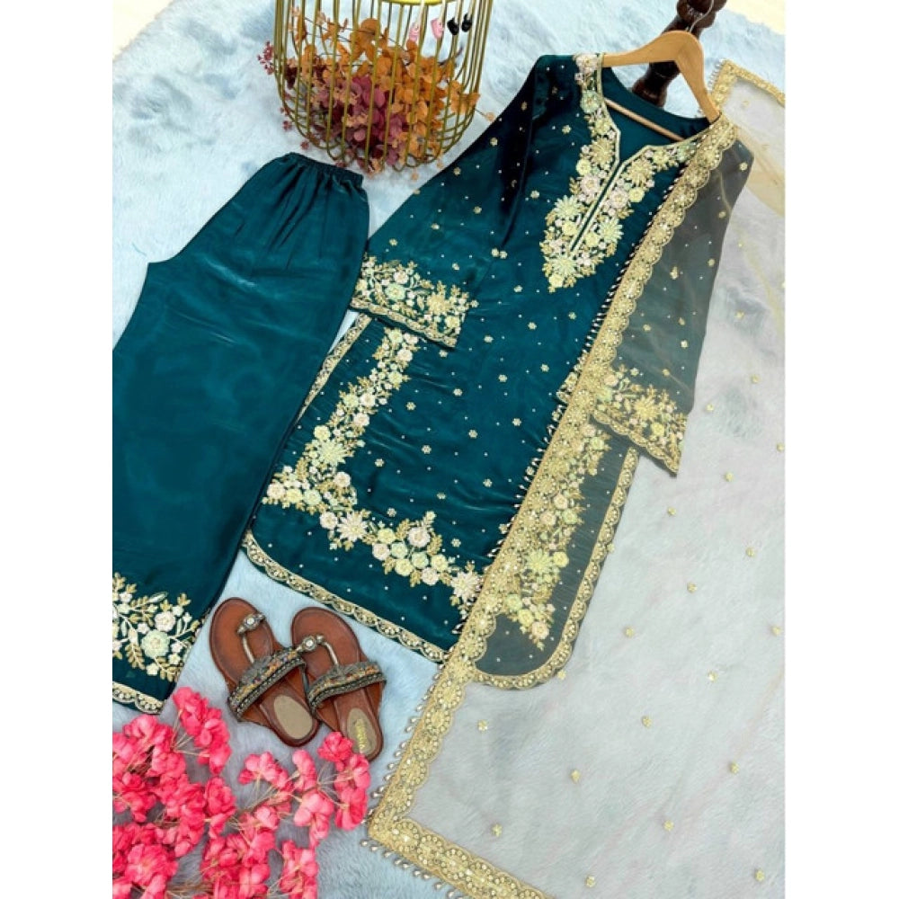 Women's Silk Embroidered 3/4th Sleeve Round Kurti With Palazzo Pant and Dupatta Set (Teal) - POPNOVA