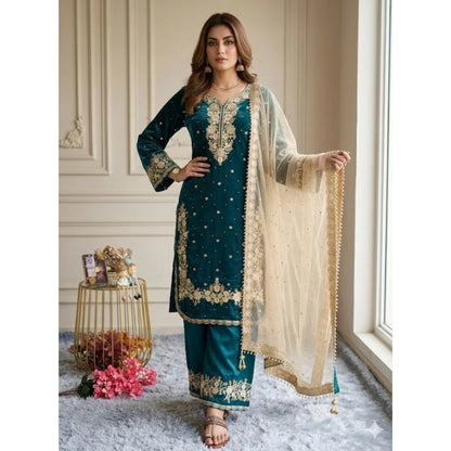 Women's Silk Embroidered 3/4th Sleeve Round Kurti With Palazzo Pant and Dupatta Set (Teal) - POPNOVA