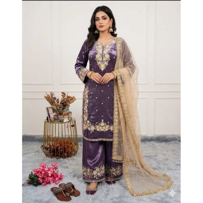 Women's Silk Embroidered 3/4th Sleeve Round Kurti With Palazzo Pant and Dupatta Set (Purple) - POPNOVA