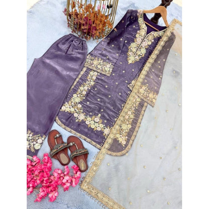 Women's Silk Embroidered 3/4th Sleeve Round Kurti With Palazzo Pant and Dupatta Set (Purple) - POPNOVA