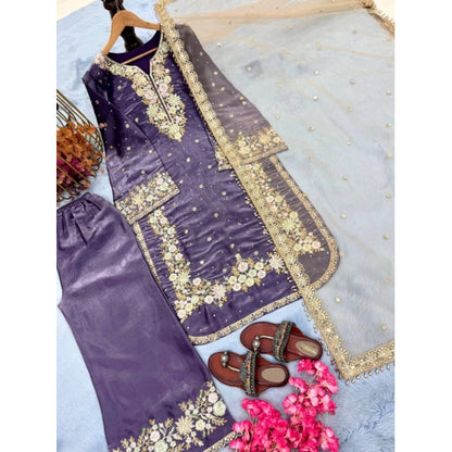 Women's Silk Embroidered 3/4th Sleeve Round Kurti With Palazzo Pant and Dupatta Set (Purple) - POPNOVA