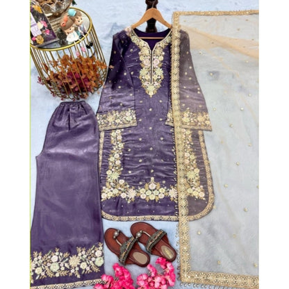 Women's Silk Embroidered 3/4th Sleeve Round Kurti With Palazzo Pant and Dupatta Set (Purple) - POPNOVA