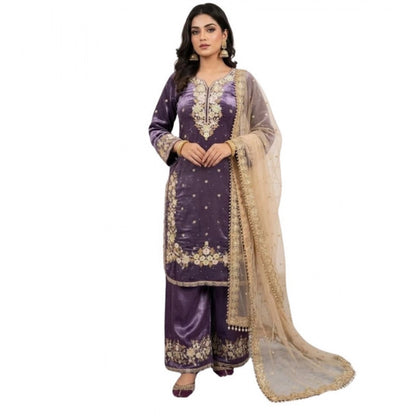 Women's Silk Embroidered 3/4th Sleeve Round Kurti With Palazzo Pant and Dupatta Set (Purple) - POPNOVA
