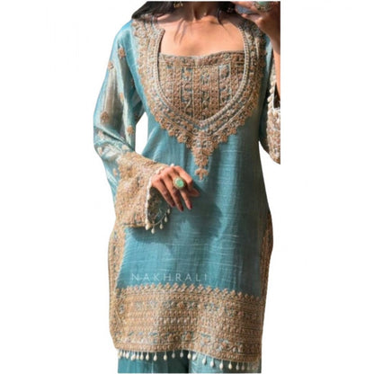 Women's Silk Embroidered 3/4th Sleeve Round Kurti With Sharara Pant and Dupatta Set (Sea Green) - POPNOVA
