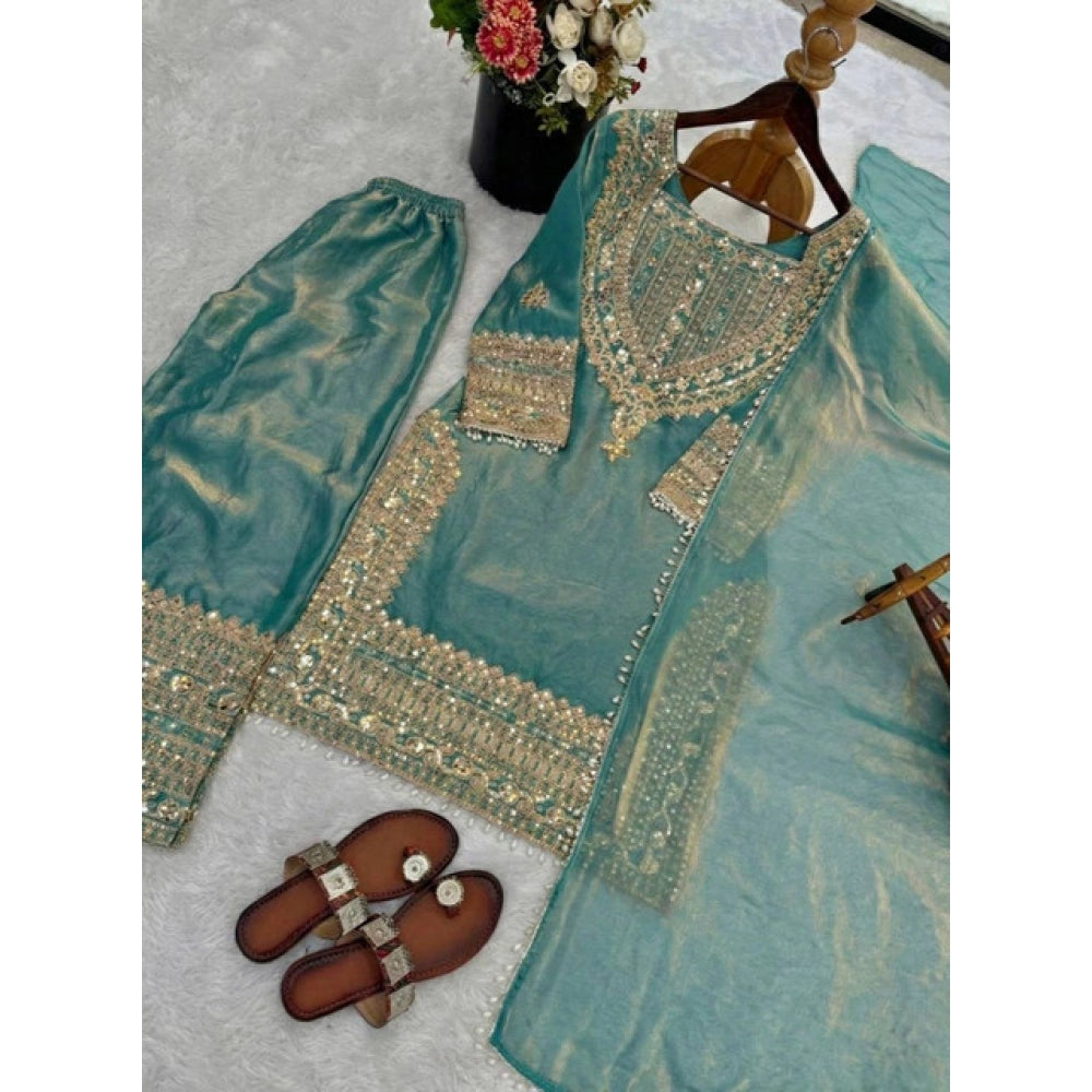 Women's Silk Embroidered 3/4th Sleeve Round Kurti With Sharara Pant and Dupatta Set (Sea Green) - POPNOVA