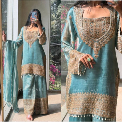 Women's Silk Embroidered 3/4th Sleeve Round Kurti With Sharara Pant and Dupatta Set (Sea Green) - POPNOVA