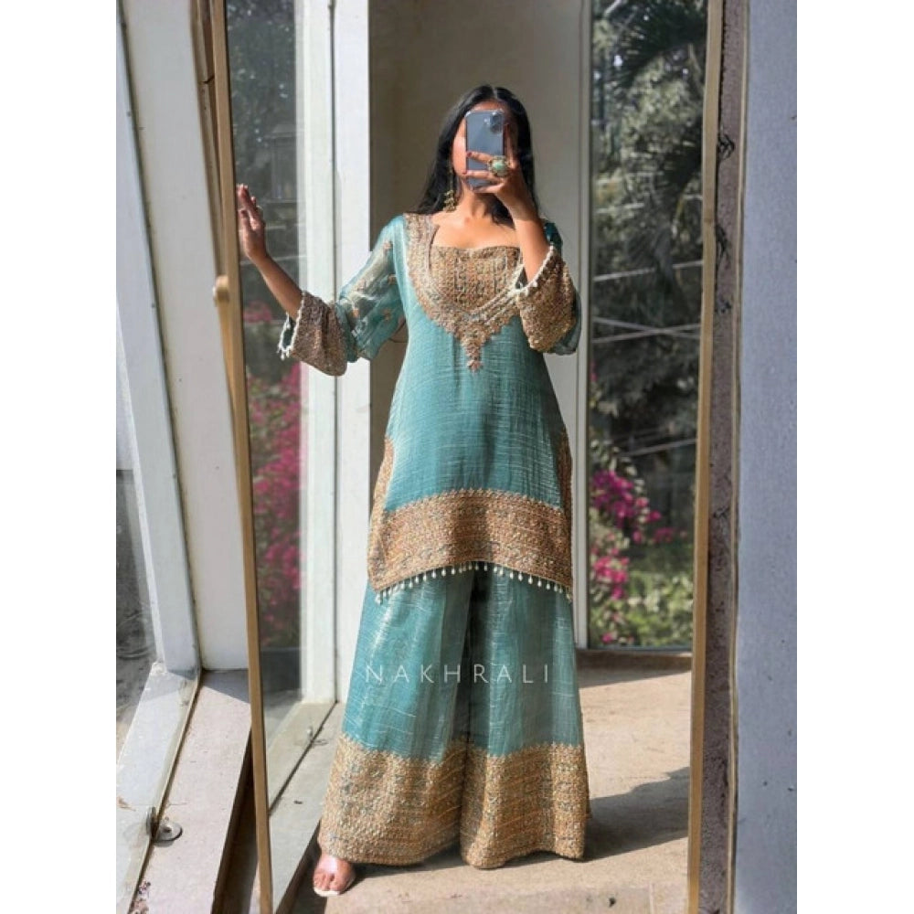 Women's Silk Embroidered 3/4th Sleeve Round Kurti With Sharara Pant and Dupatta Set (Sea Green) - POPNOVA